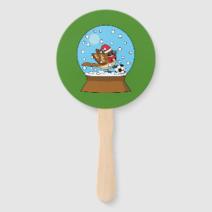 Snow Globe with Cute Sparrow Playing Soccer Hand Fan