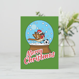 Snow Globe with Cute Sparrow Playing Soccer Holiday Card