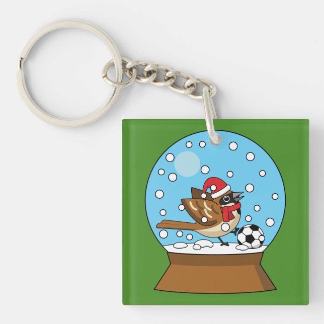 Snow Globe with Cute Sparrow Playing Soccer Key Ring (Front)