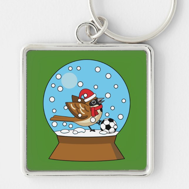 Snow Globe with Cute Sparrow Playing Soccer Key Ring (Front)