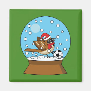 Snow Globe with Cute Sparrow Playing Soccer Magnet