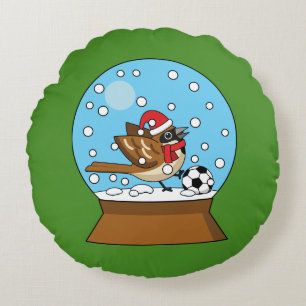 Snow Globe with Cute Sparrow Playing Soccer Round Cushion