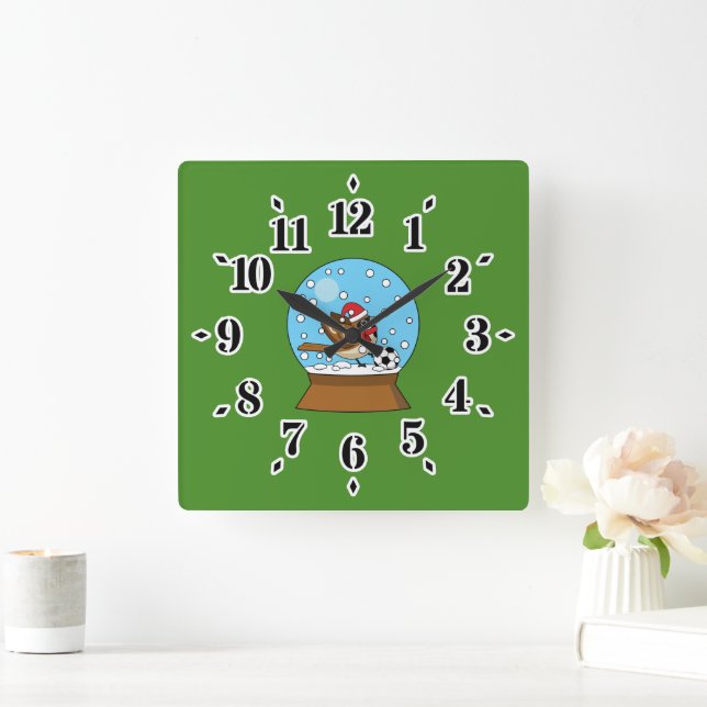 Snow Globe with Cute Sparrow Playing Soccer Square Wall Clock (Home)