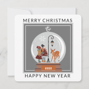 Snow Globe with People & Deer Christmas Card