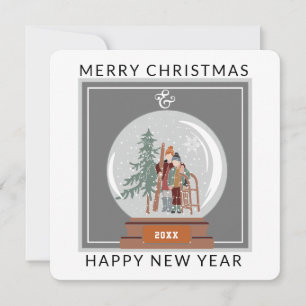 Snow Globe with People with Ski & Sled Christmas  Holiday Card