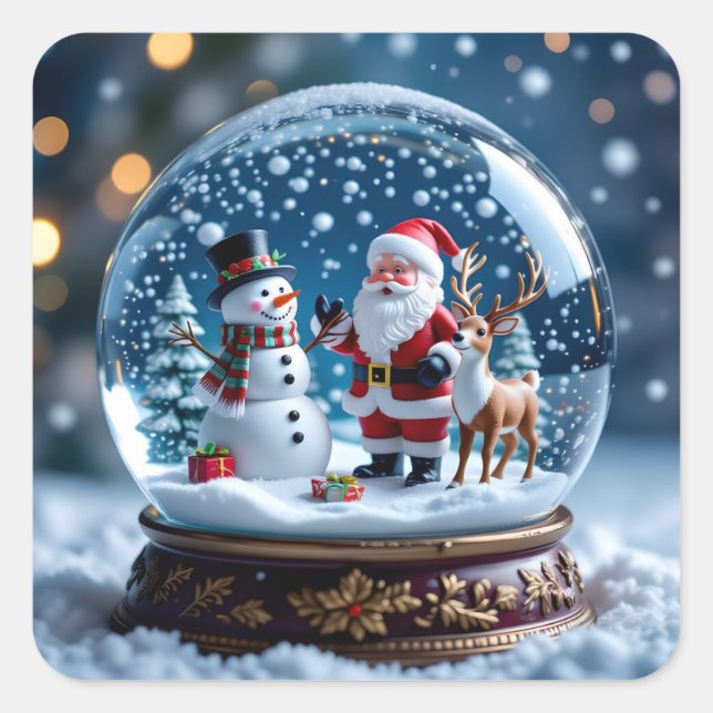 Snow globe with Santa and Reindeer Square Sticker (Front)