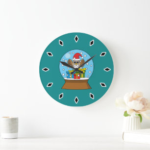 Snow Globe with Santa Claus Owl Large Clock