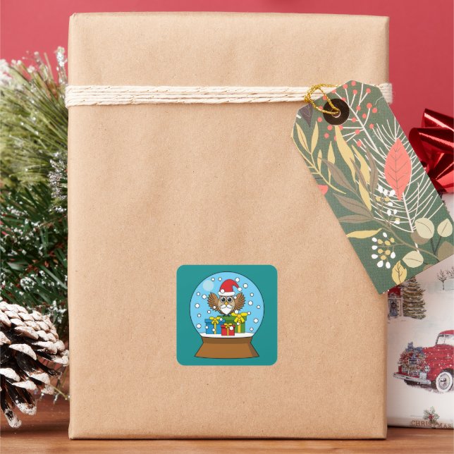 Snow Globe with Santa Claus Owl Square Sticker (Holiday)