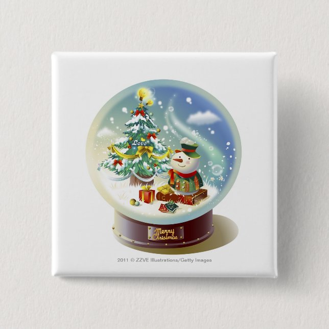 Snow globe with snowman and Christmas tree 15 Cm Square Badge (Front)