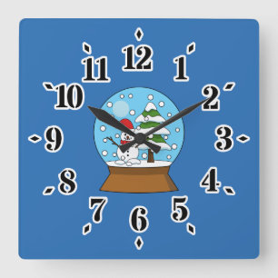 Snow Globe with Snowman and Pine Tree Square Wall Clock