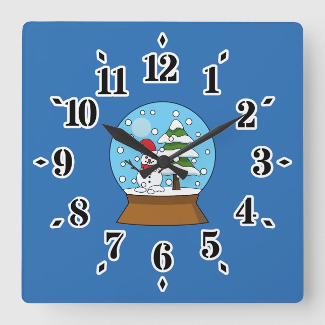 Snow Globe with Snowman and Pine Tree Square Wall Clock (Front)