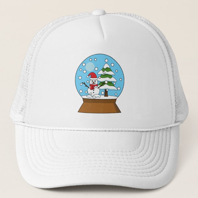 Snow Globe with Snowman and Pine Tree Trucker Hat (Front)