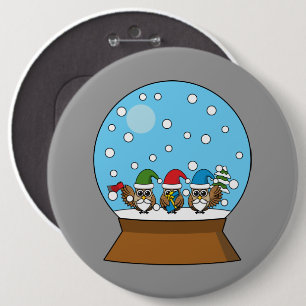 Snow Globe with Three Gnome Owls 6 Cm Round Badge