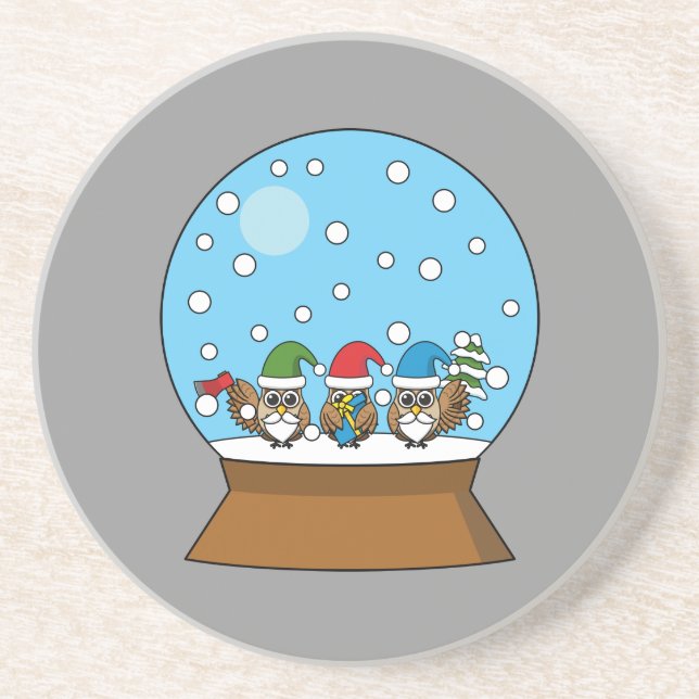 Snow Globe with Three Gnome Owls Coaster (Front)
