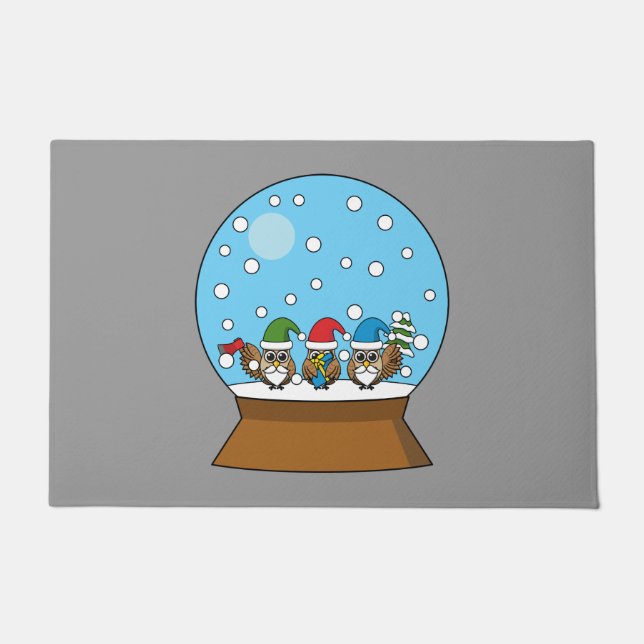Snow Globe with Three Gnome Owls Doormat (Front)