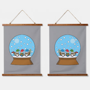 Snow Globe with Three Gnome Owls Hanging Tapestry