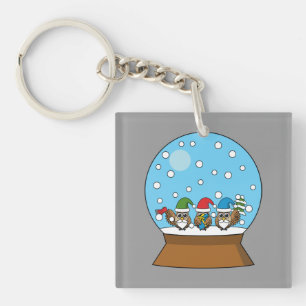 Snow Globe with Three Gnome Owls Key Ring