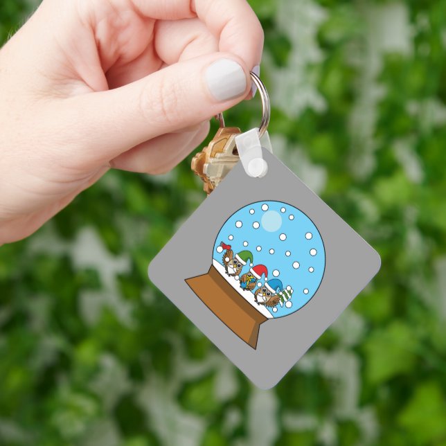 Snow Globe with Three Gnome Owls Key Ring (Hand)
