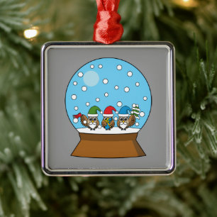 Snow Globe with Three Gnome Owls Metal Ornament