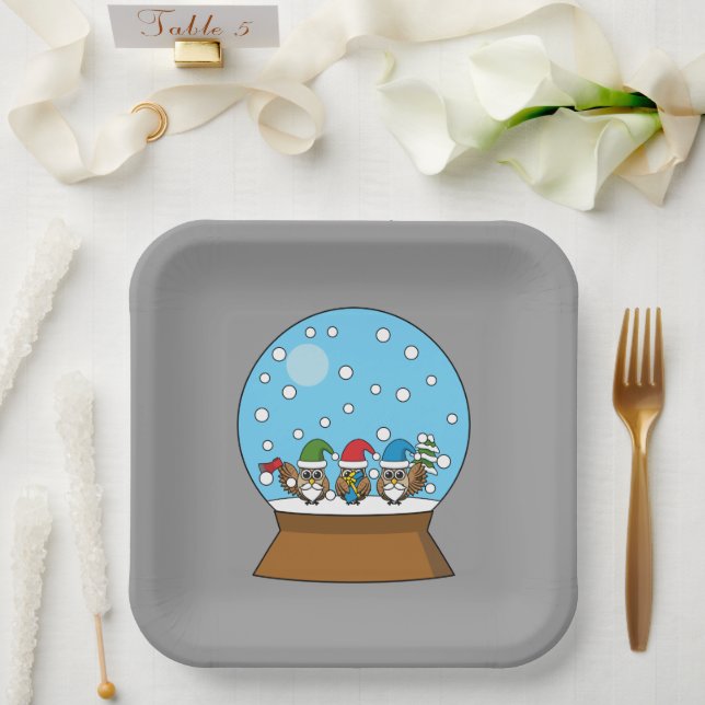 Snow Globe with Three Gnome Owls Paper Plate (Wedding)
