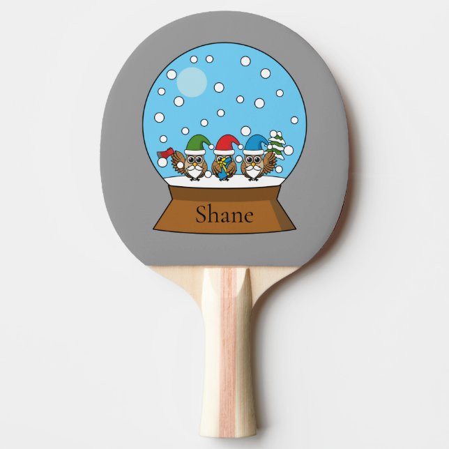 Snow Globe with Three Gnome Owls | Personalise  Ping Pong Paddle (Front)