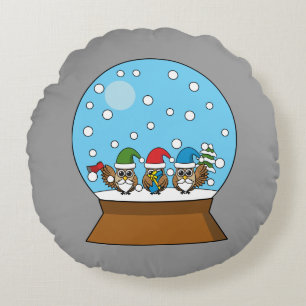 Snow Globe with Three Gnome Owls Round Cushion