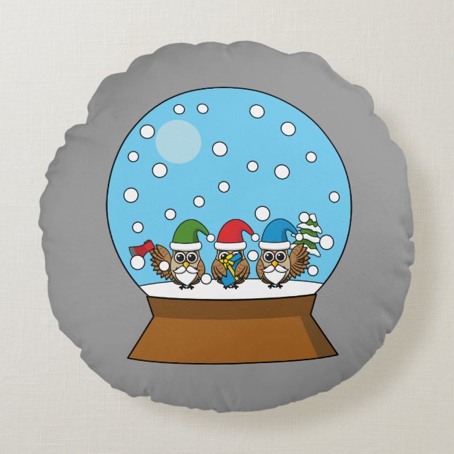 Snow Globe with Three Gnome Owls Round Cushion (Front)
