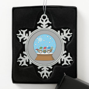 Snow Globe with Three Gnome Owls Snowflake Pewter Christmas Ornament