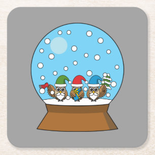 Snow Globe with Three Gnome Owls Square Paper Coaster