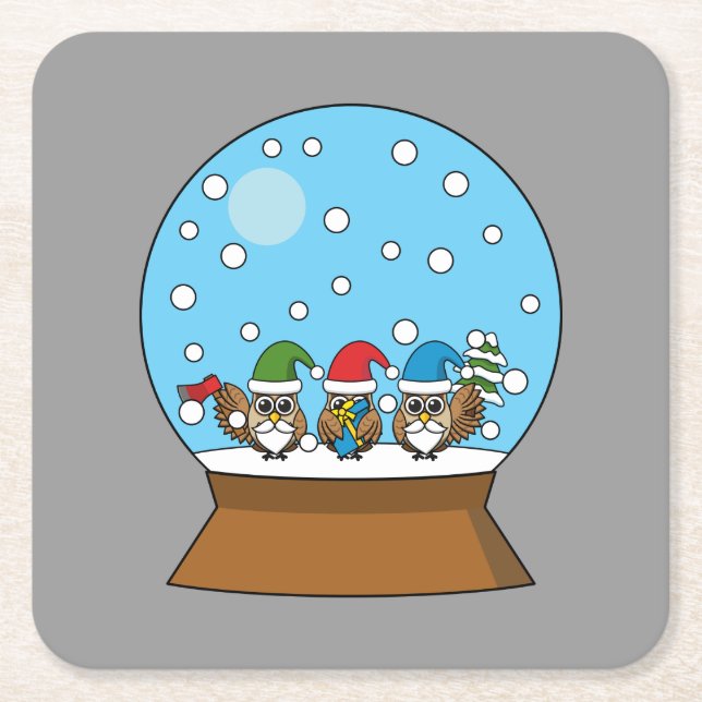 Snow Globe with Three Gnome Owls Square Paper Coaster (Front)