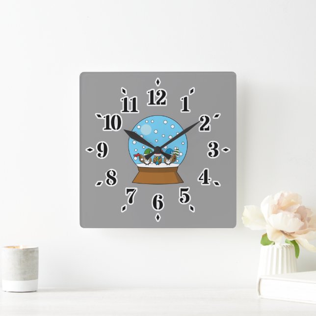 Snow Globe with Three Gnome Owls Square Wall Clock (Home)