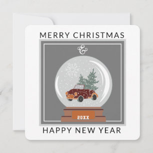 Snow Globe with Vintage Car & Christmas  Tree Holiday Card