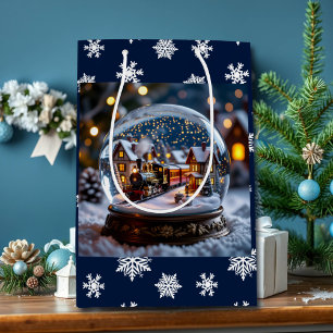 Snow globe with  Vintage Train and Village Medium Gift Bag