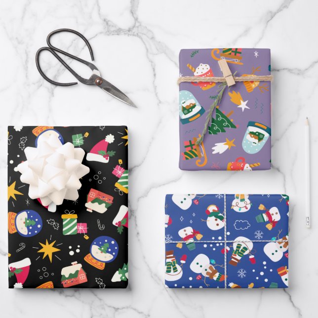 Snow Globes and Snowmen Set of 3 Wrapping Paper Sheet (Front)