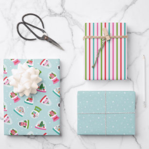 Snow Globes, Snowflakes, Stripes Patterns in Blue Wrapping Paper Sheet