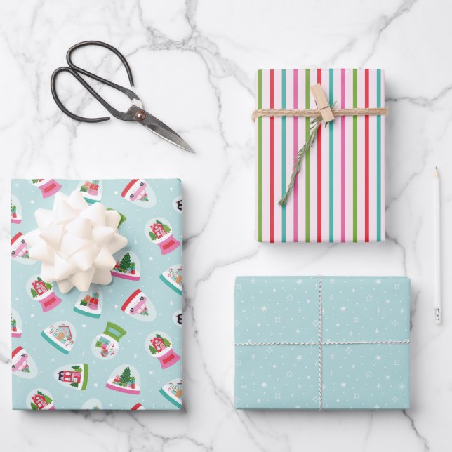 Snow Globes, Snowflakes, Stripes Patterns in Blue Wrapping Paper Sheet (Front)