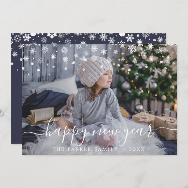 Snow Happy New Year Photo Card (Front/Back)