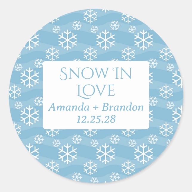 Snow in Love blue winter wedding Classic Round Sticker (Front)