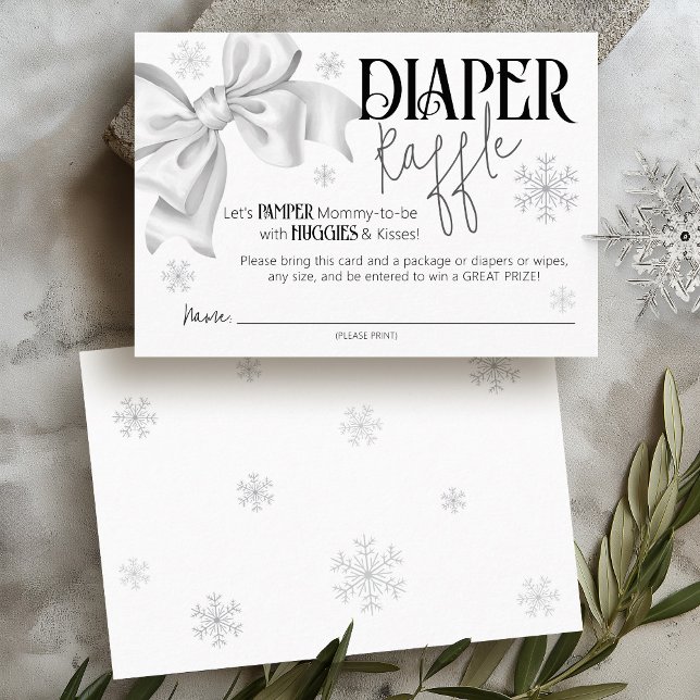 Snow In Love Bow Winter Baby Shower Diaper Raffle Enclosure Card (Winter wonderland black and white coquette bow snow in love snowflake baby shower diaper raffle card)