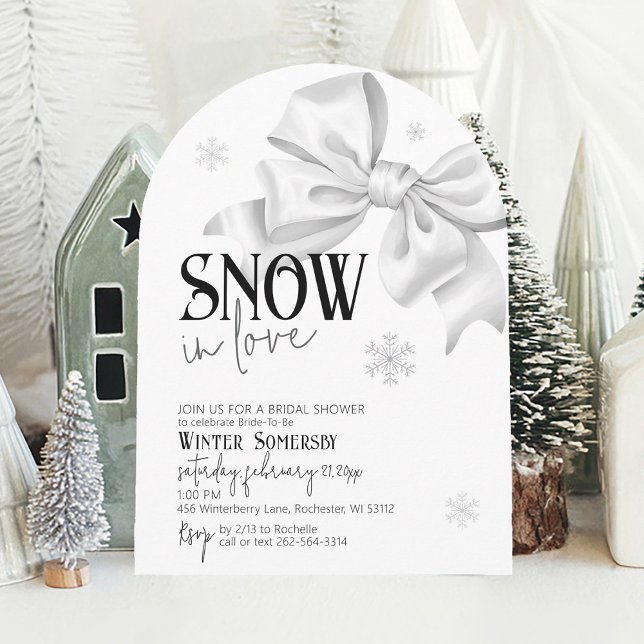 Snow In Love Cute Bow Bridal Shower Winter Arch Invitation (Cute simple SNOW in Love minimalist snowflake white bow whimsical winter arch bridal shower invite)