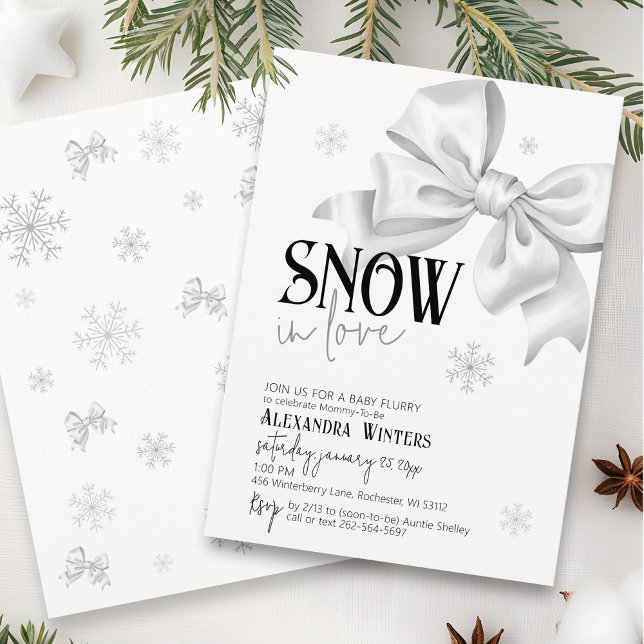Snow In Love Cute Bow Snowflake Winter Baby Shower Invitation (Cute SNOW in Love simple white bow snowflake winter wonderland girl baby shower  invitation)