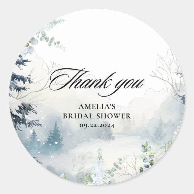 Snow in love dusty blue Winter Bridal Shower  Classic Round Sticker (Front)