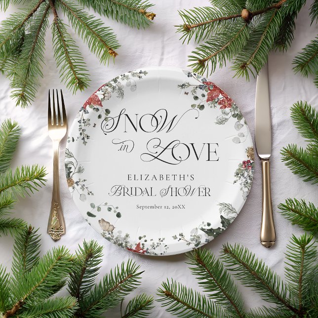 Snow in Love Elegant Winter Floral Bridal Shower Paper Plate (Creator Uploaded)