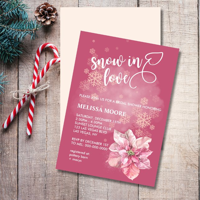 Snow in love pink snowflake pink poinsettia invitation (Creator Uploaded)