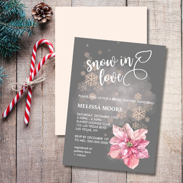 Snow in love pink snowflake pink poinsettia invitation (Creator Uploaded)