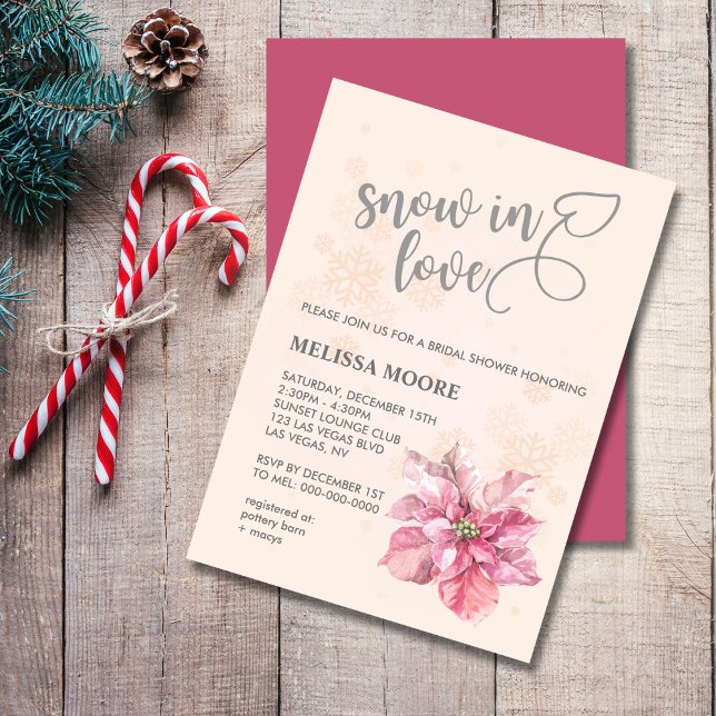 Snow in love pink snowflake pink poinsettia invitation (Creator Uploaded)