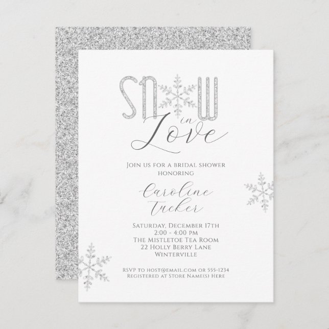 Snow in Love Silver Snowflakes Bridal Shower Invitation (Front/Back)