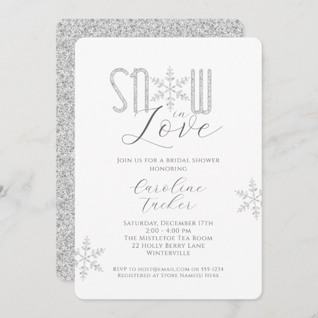 Snow in Love Silver Snowflakes Bridal Shower Invitation (Front/Back)