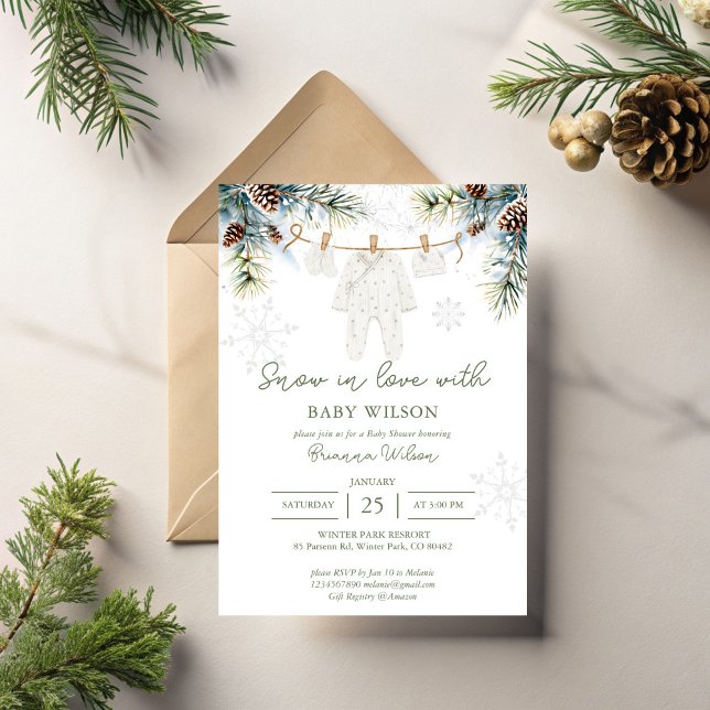 Snow in love snowflakes winter baby shower invitation (Snow in love snowy pines pinecones snowflakes baby clothes line winter baby shower invitation cards)