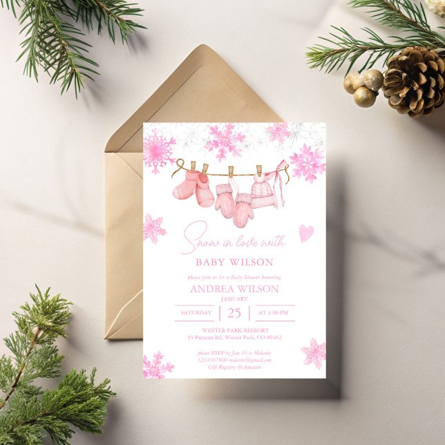Snow in love snowflakes winter baby shower invitation (Snow in love with baby snowflakes pink clothes line winter baby shower invitation template)
